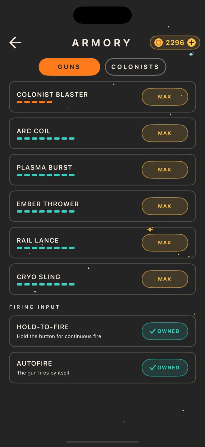 The Armory screen: guns, their upgrade levels, and the firing-input options