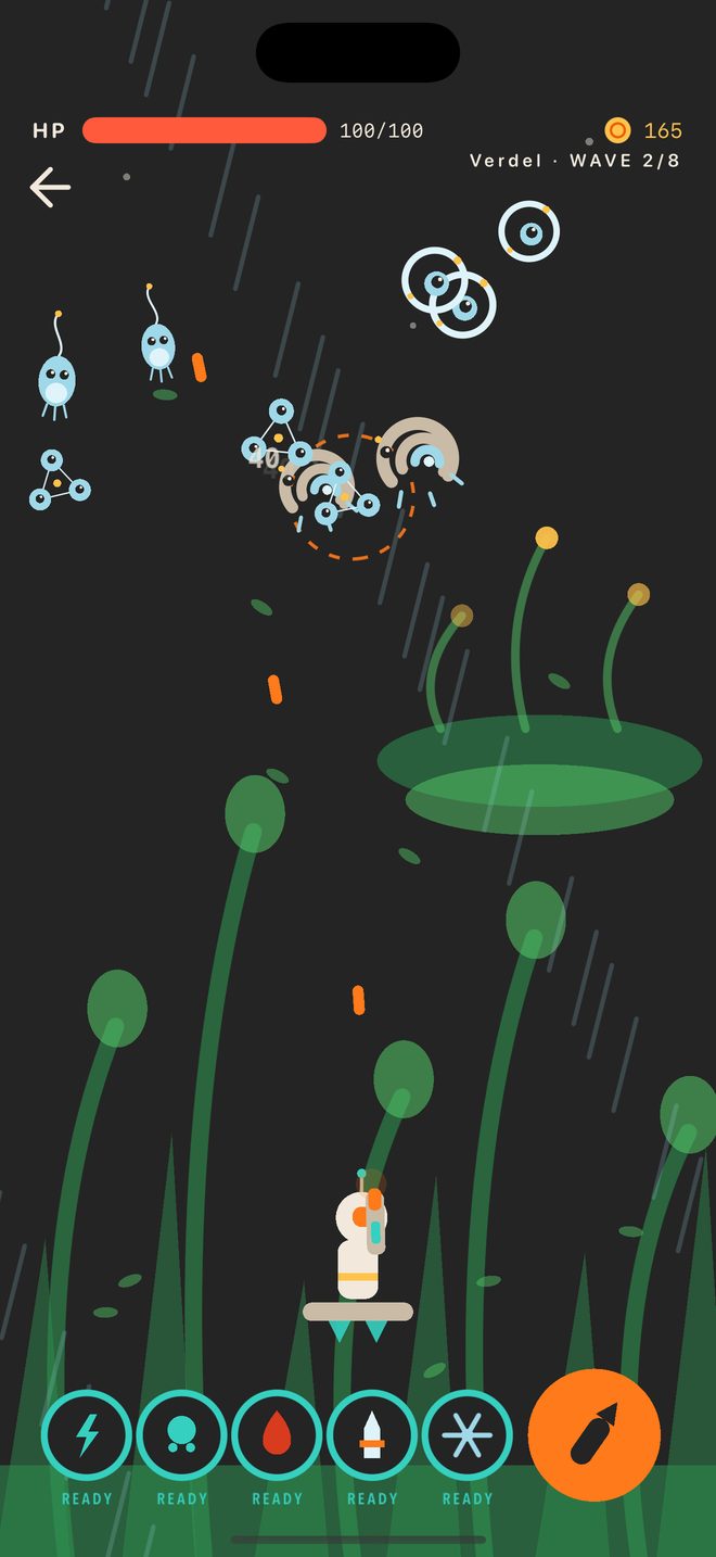 Combat on a jungle world: enemy waves over scrolling green canopy