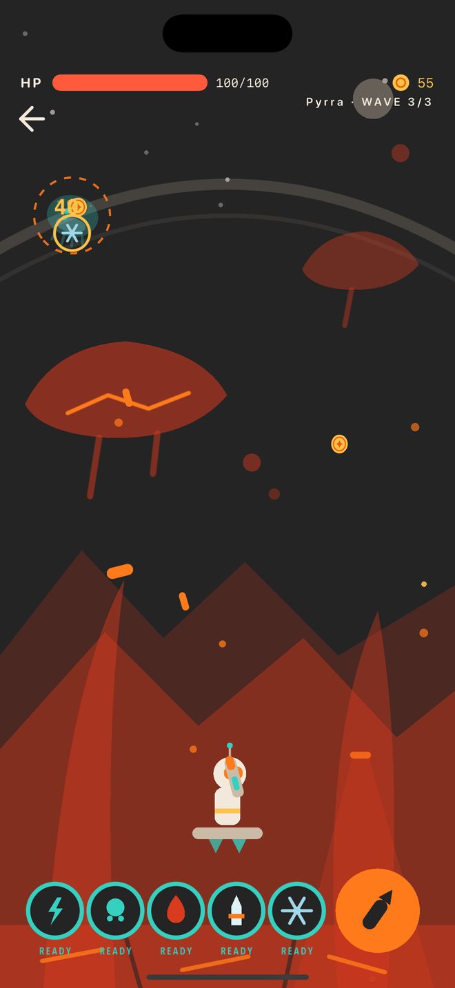 Combat on a volcanic world: enemy waves over scrolling lava terrain