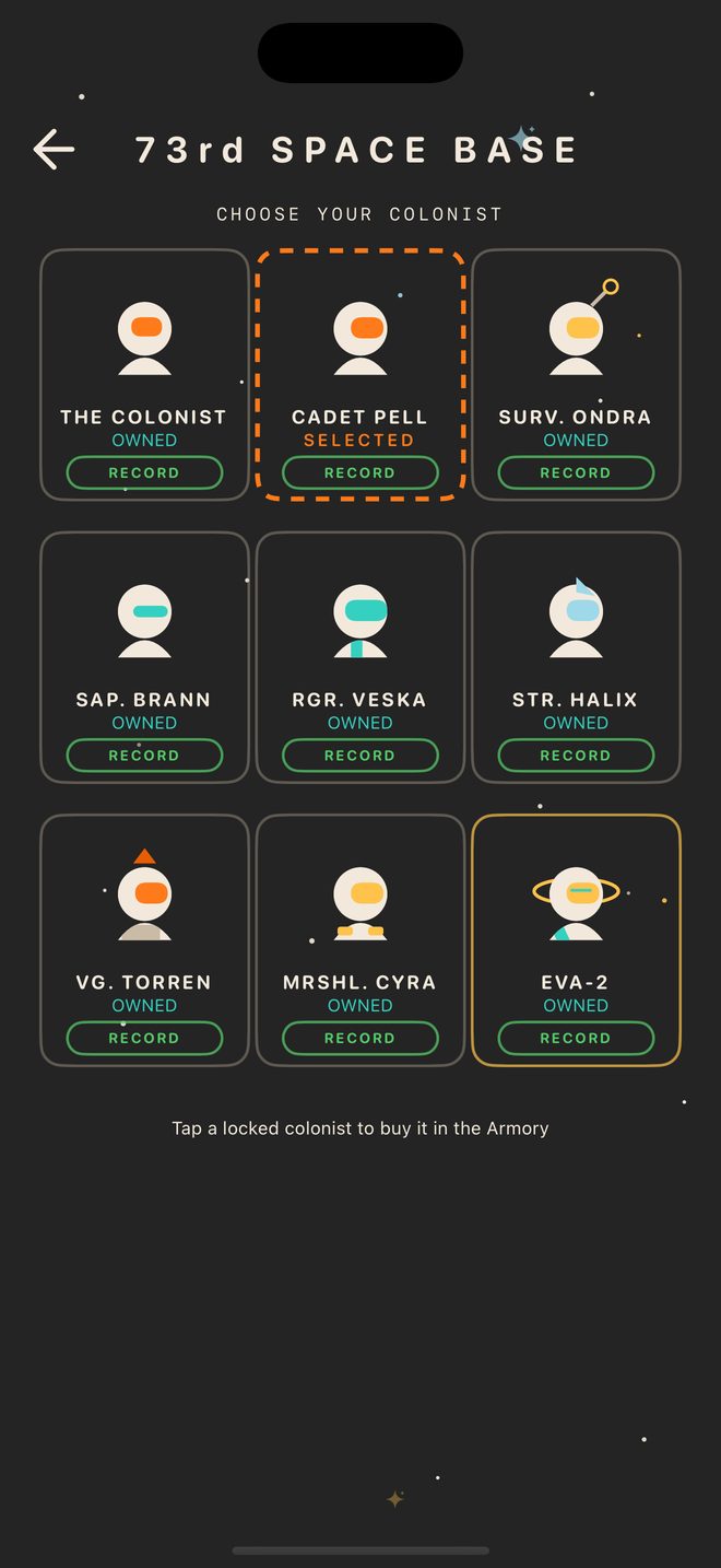 The 73rd Space Base screen, showing the nine colonists you can choose between